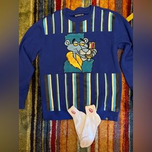 The Pink Panther Blue Sweater embroidery Sweatshirt Rare + socks size L.